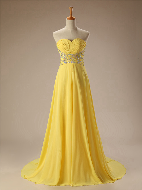 Empire Sweetheart Chiffon Yellow Prom Gown Beads