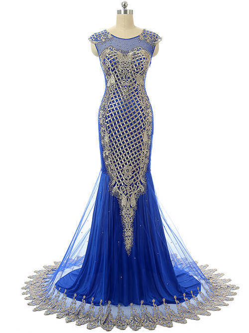 Mermaid Scoop Tulle Chiffon Blue Matric Dress Applique