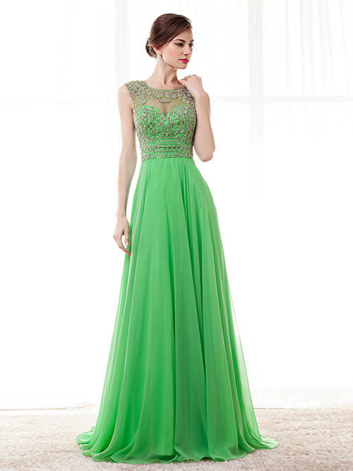 A-line Sheer Chiffon Green Matric Dress Beads