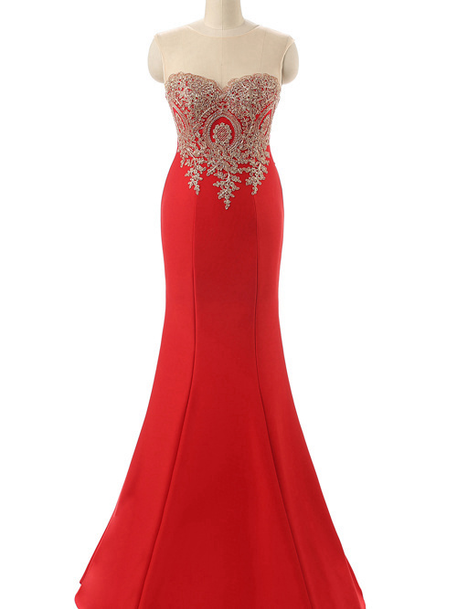 Mermaid Sheer Satin Red Matric Dress Applique