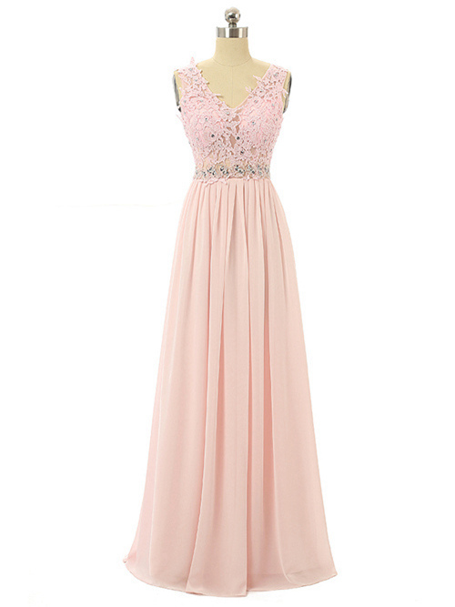A-line V Neck Chiffon Lace Pink Prom Dress Beads