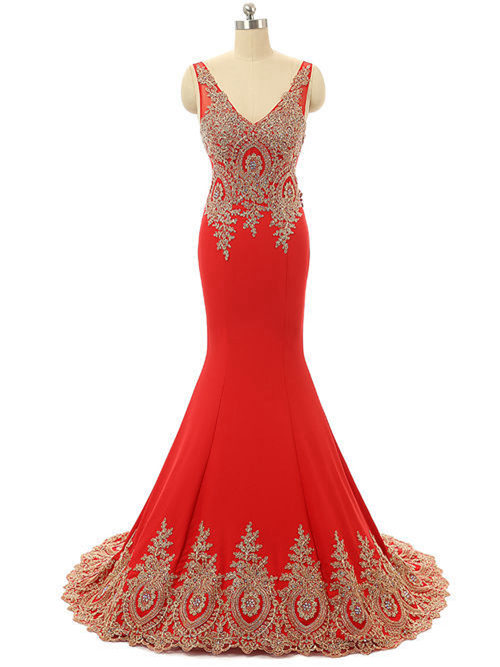 Mermaid Straps Satin Red Matric Dress Applique