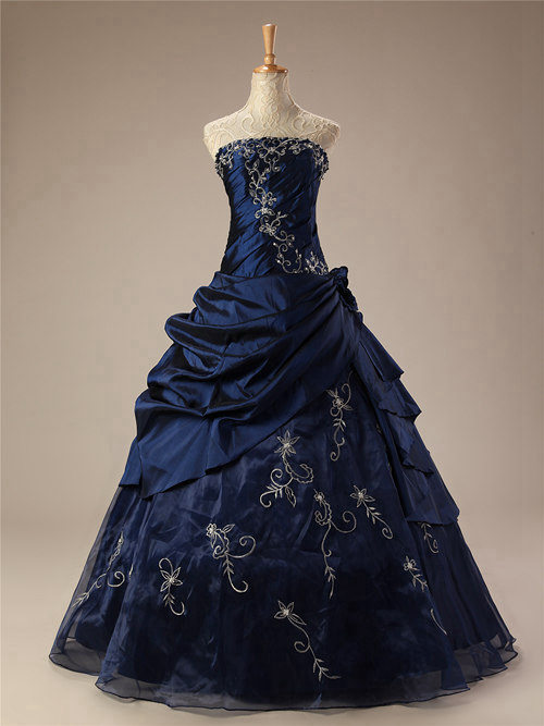 A-line Strapless Taffeta Navy Matric Gown Embroidery