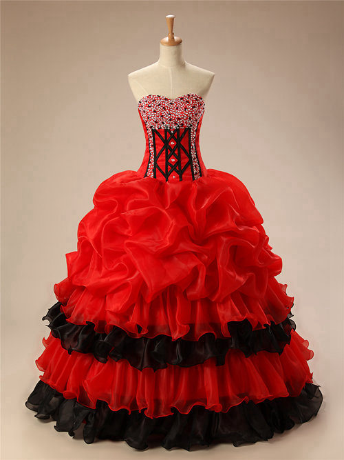 Red Black Sweetheart Organza Matric Ball Dress Beads