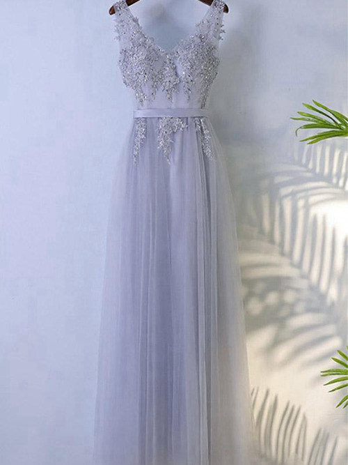 A-line V Neck Tulle Prom Dress Applique