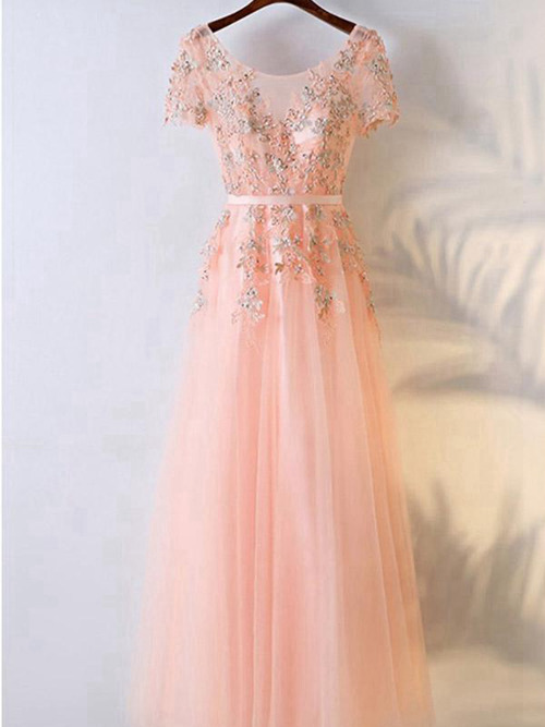 A-line Scoop Tulle Sleeves Matric Dance Dress Applique