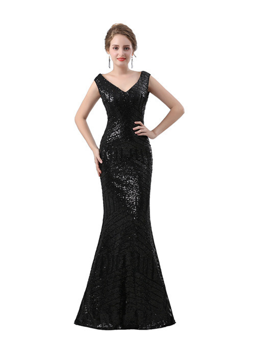 Black Mermaid Straps Sequins Matric Dress