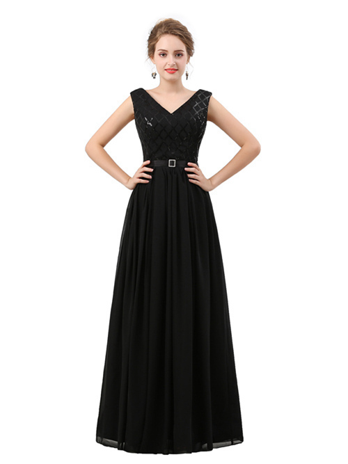 Black Bling A-line V Neck Chiffon Matric Dress