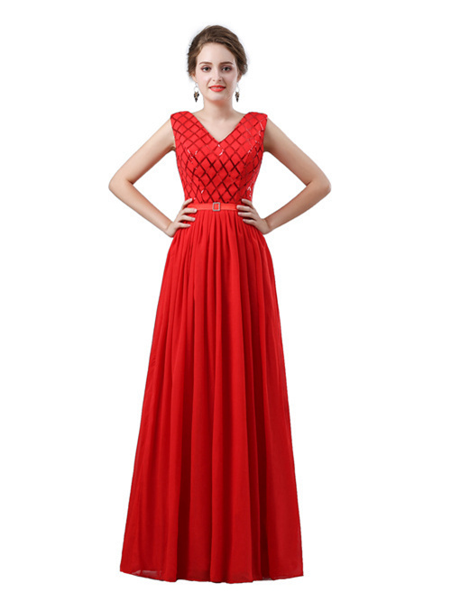 A-line V Neck Red Chiffon Matric Dress