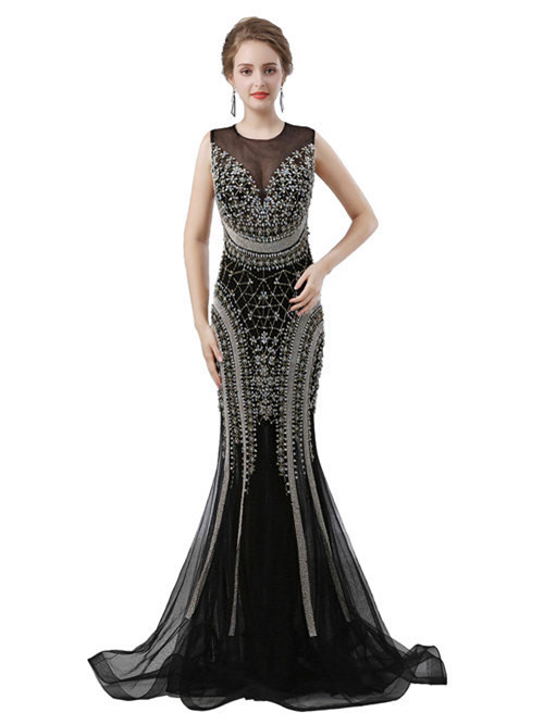 Mermaid Sheer Tulle Black Matric Dress Beads