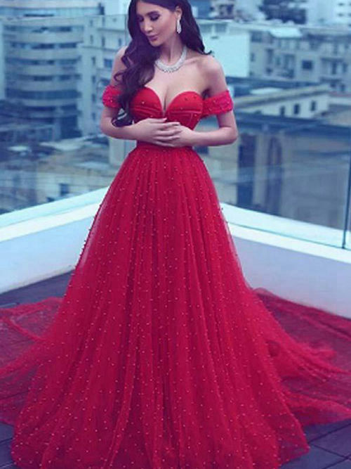 A-line Off Shoulder Tulle Red Matric Gown