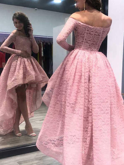 A-line Off Shoulder Hi Lo Lace Pink Matric Dress