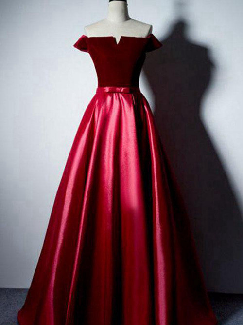 A-line Off Shoulder Satin Burgundy Matric Dress