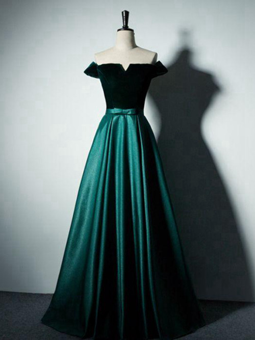 A-line Off Shoulder Satin Green Matric Dress