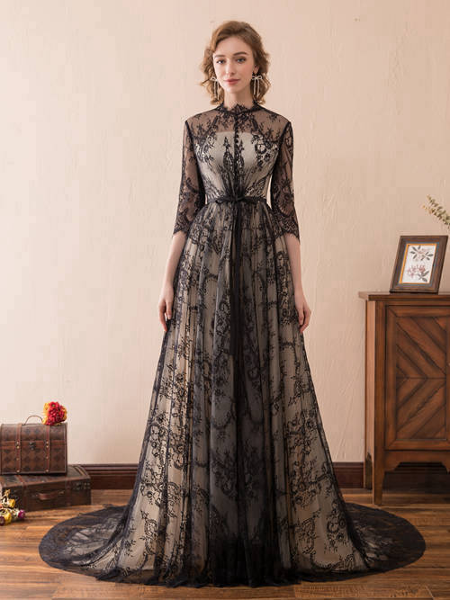 A-line High Neck Lace Sleeves Matric Farewell Dress