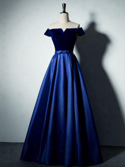 A-line Off Shoulder Navy Blue Satin Matric Dress