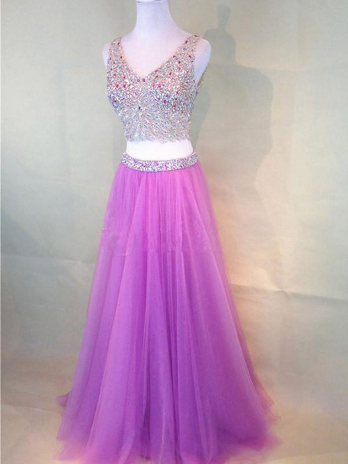 Purple A-line V Neck 2 Piece Tulle Matric Dress Beads