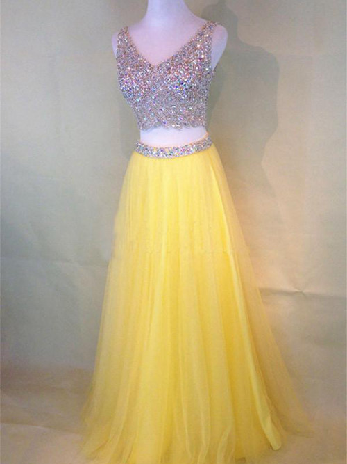 Gold A-line V Neck 2 Piece Tulle Matric Dress Beads