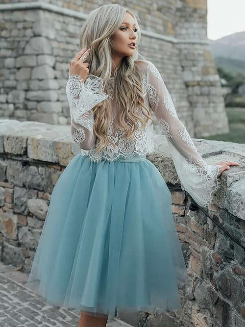 Princess Scoop Lace Sleeves Tulle Short Matric Dress