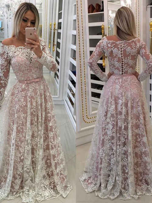 A-line Off Shoulder Lace Sleeves Matric Farewell Dress