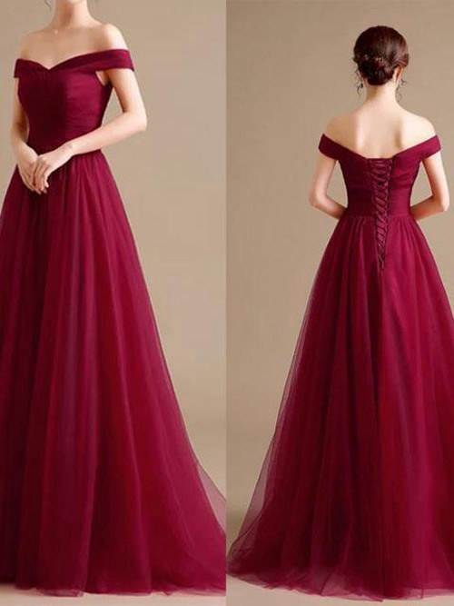 A-line Off Shoulder Tulle Burgundy Matric Dress