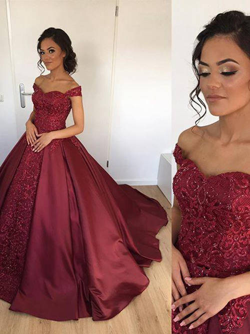 Ball Gown Off Shoulder Burgundy Satin Lace Matric Dress