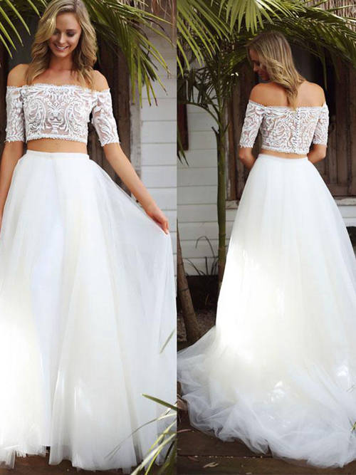 A-line Off Shoulder Lace Sleeves Tulle Matric Dress