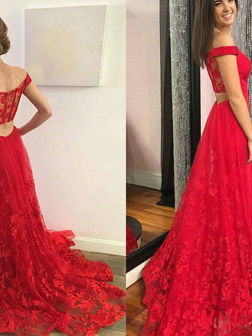 A-line Off Shoulder Lace Red Matric Dress