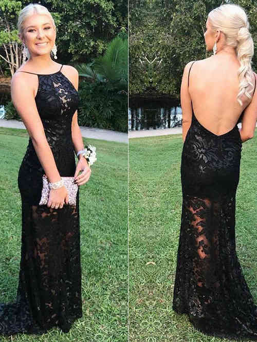 Mermaid Spaghetti Straps Lace Black Matric Dress