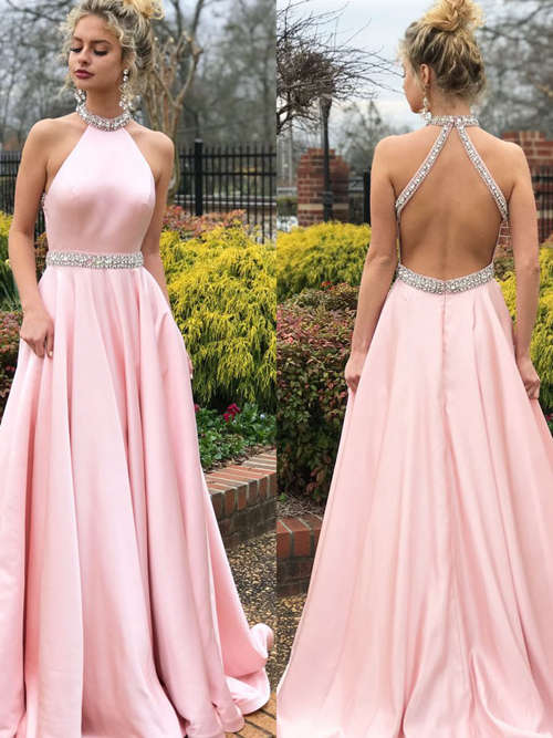 A-line Halter Satin Prom Gown Beads