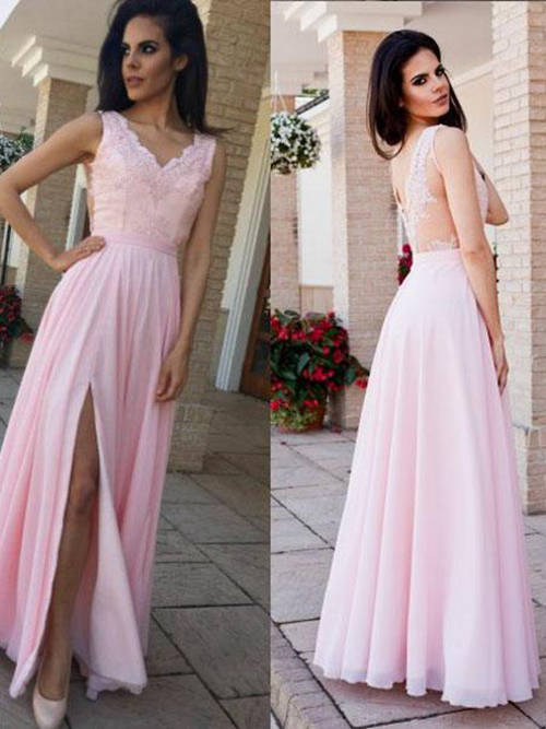A-line V Neck Chiffon Lace Prom Dress Slit
