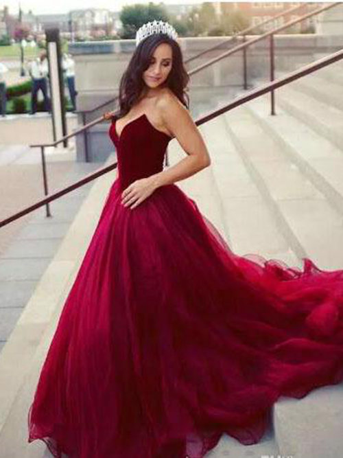 A-line Sweetheart Tulle Burgundy Matric Dress