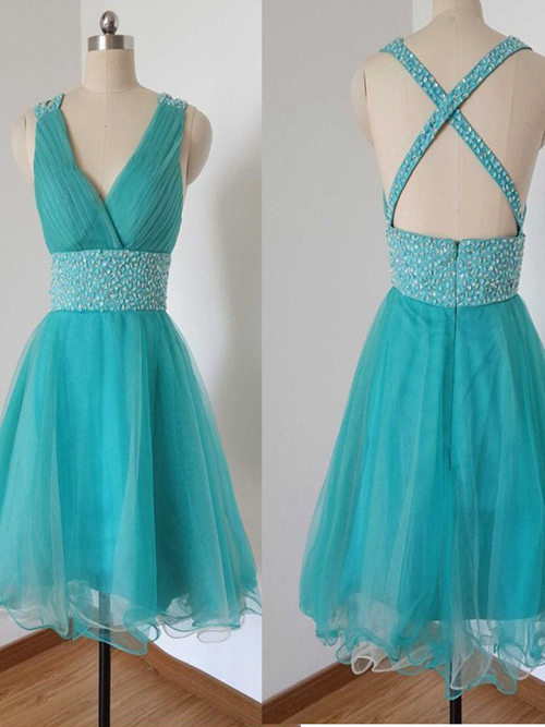 A-line Straps Tulle Cocktail Dress Beads