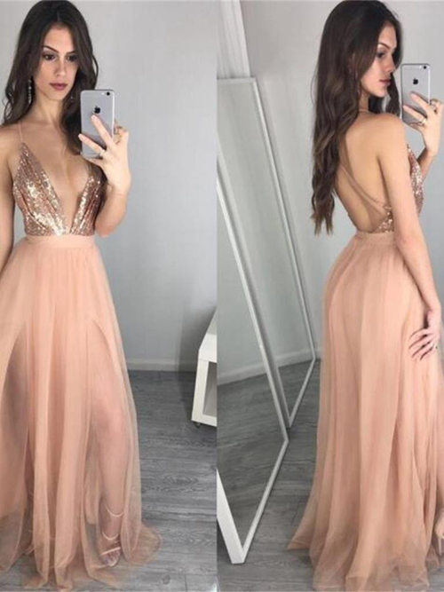 A-line Spaghetti Straps Sequins Tulle Matric Dress
