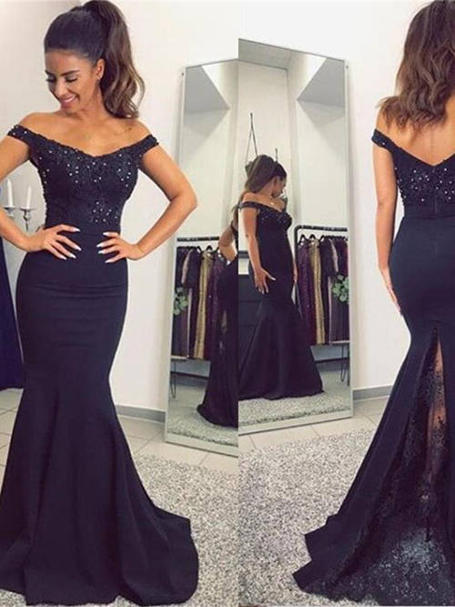 Mermaid Off Shoulder Satin Lace Prom Dress Beads