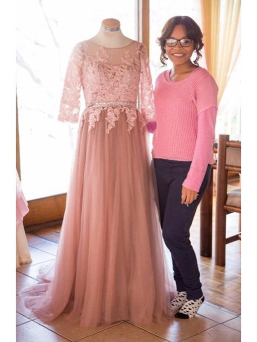 A-line Scoop Tulle Lace Sleeves Matric Farewell Dress