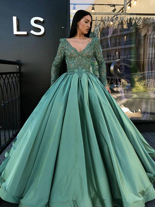 Ball Gown V Neck Lace Sleeves Satin Matric Farewell Dress