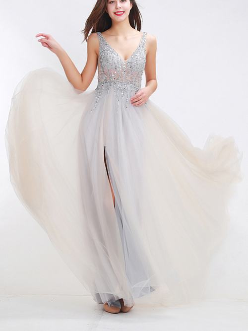 A-line Straps Tulle Matric Farewell Dress Slit Beads