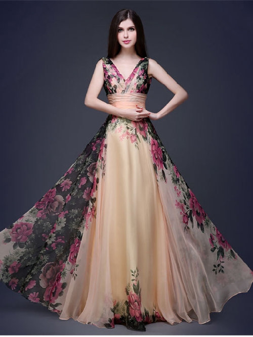 A-line V Neck Chiffon Floral Matric Dance Dress