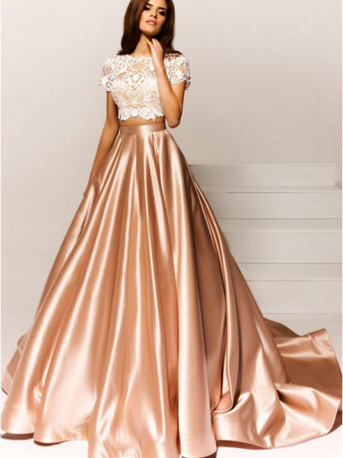 A-line Lace Sleeves 2 Piece Satin Matric Farewell Dress