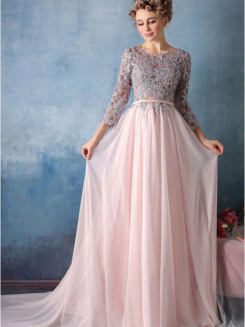 A-line Scoop Chiffon Lace Sleeves Matric Farewell Dress