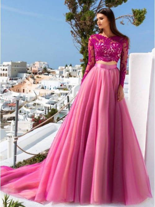 A-line Lace Sleeves Tulle 2 Piece Matric Farewell Dress