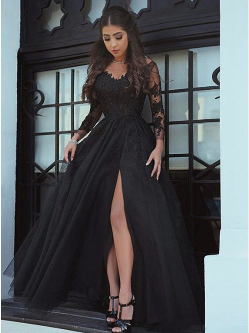 A-line Straps Lace Tulle Sleeves Matric Ball Dress Slit