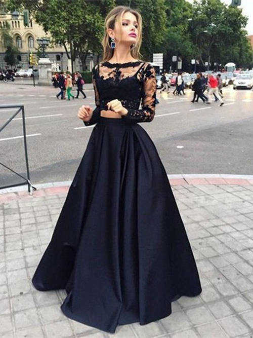 A-line 2 Piece Lace Sleeves Satin Matric Dress