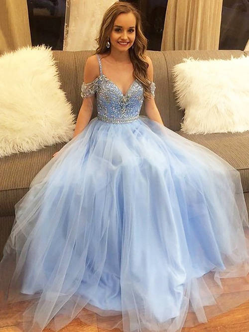 A-line Spaghetti Straps Tulle Matric Ball Dress Beads