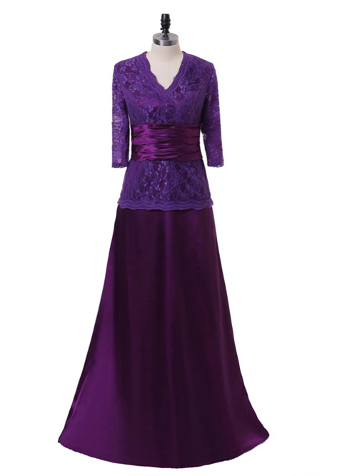 A-line V Neck Satin Lace Sleeves Purple Dress