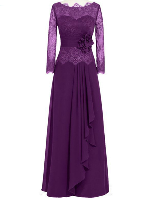 A-line Scoop Chiffon Lace Sleeves Purple Dress