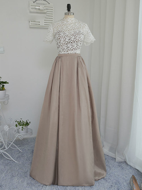 A-line High Neck Lace Sleeves Satin Mother Of The Bride Dress