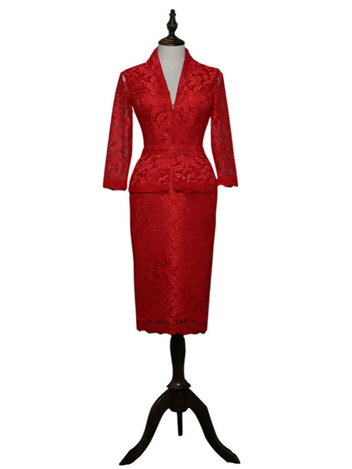 Sheath Short Lace Sleeves Burgundy Mother Of The Groom Dress