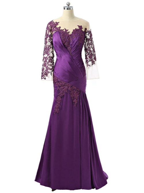Mermaid Sheer Satin Purple Sleeves Mother Of The Bride Dress